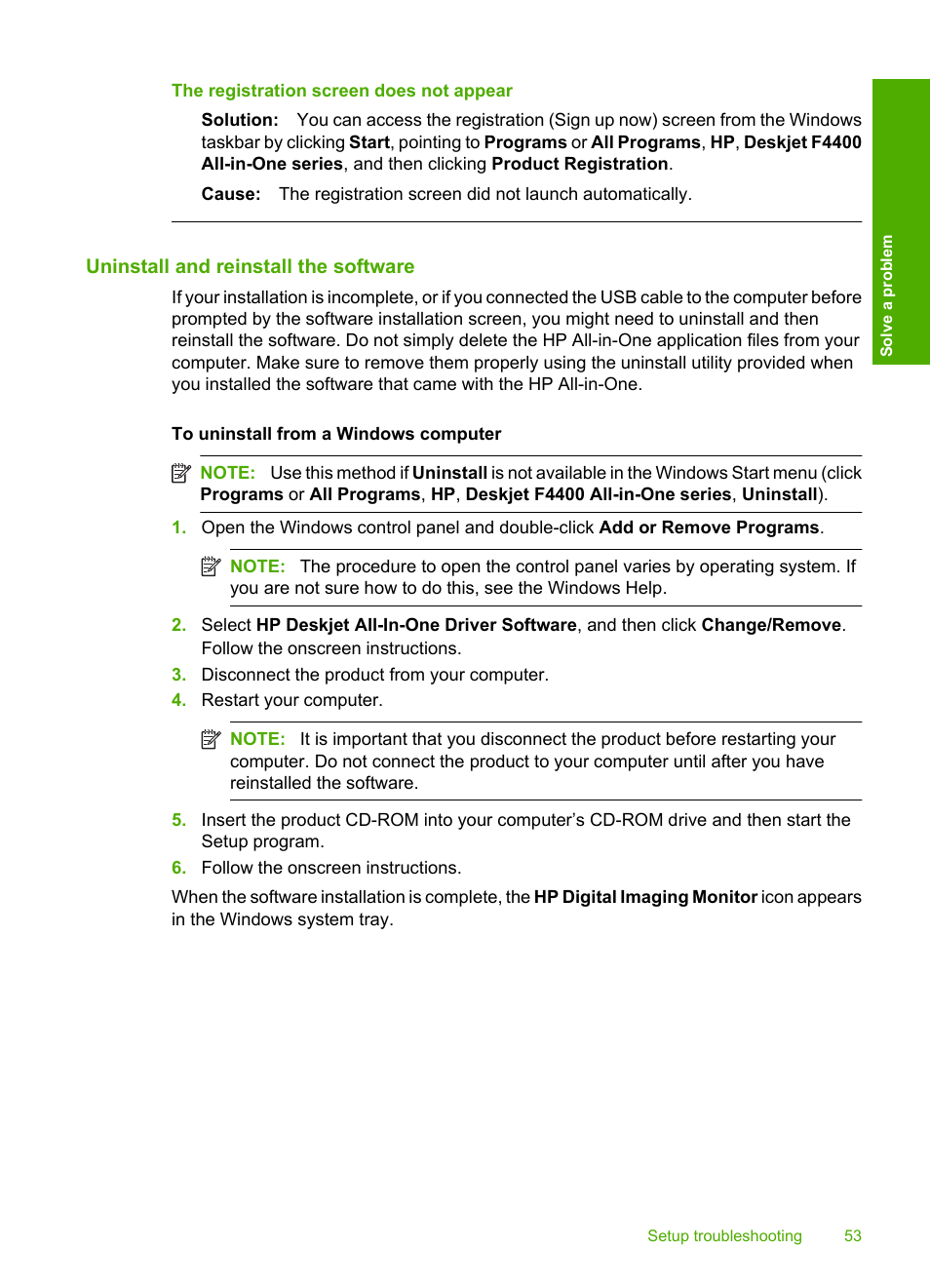 Uninstall and reinstall the software, The registration screen does not appear | HP Deskjet F4480 User Manual | Page 56 / 113