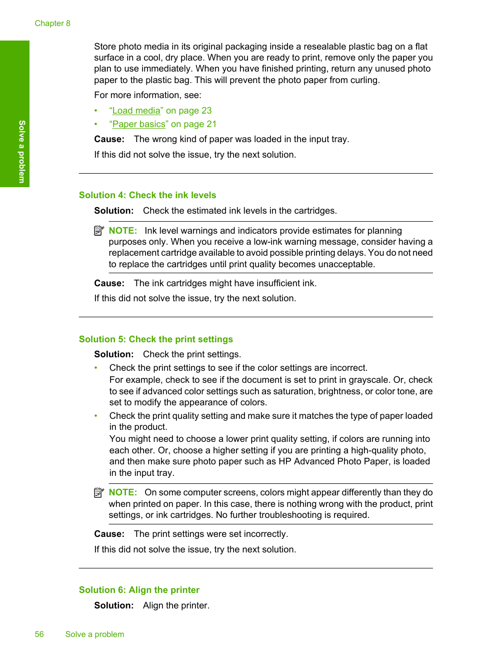 Solution 4: check the ink levels, Solution 5: check the print settings, Solution 6: align the printer | HP Deskjet F4480 User Manual | Page 59 / 113