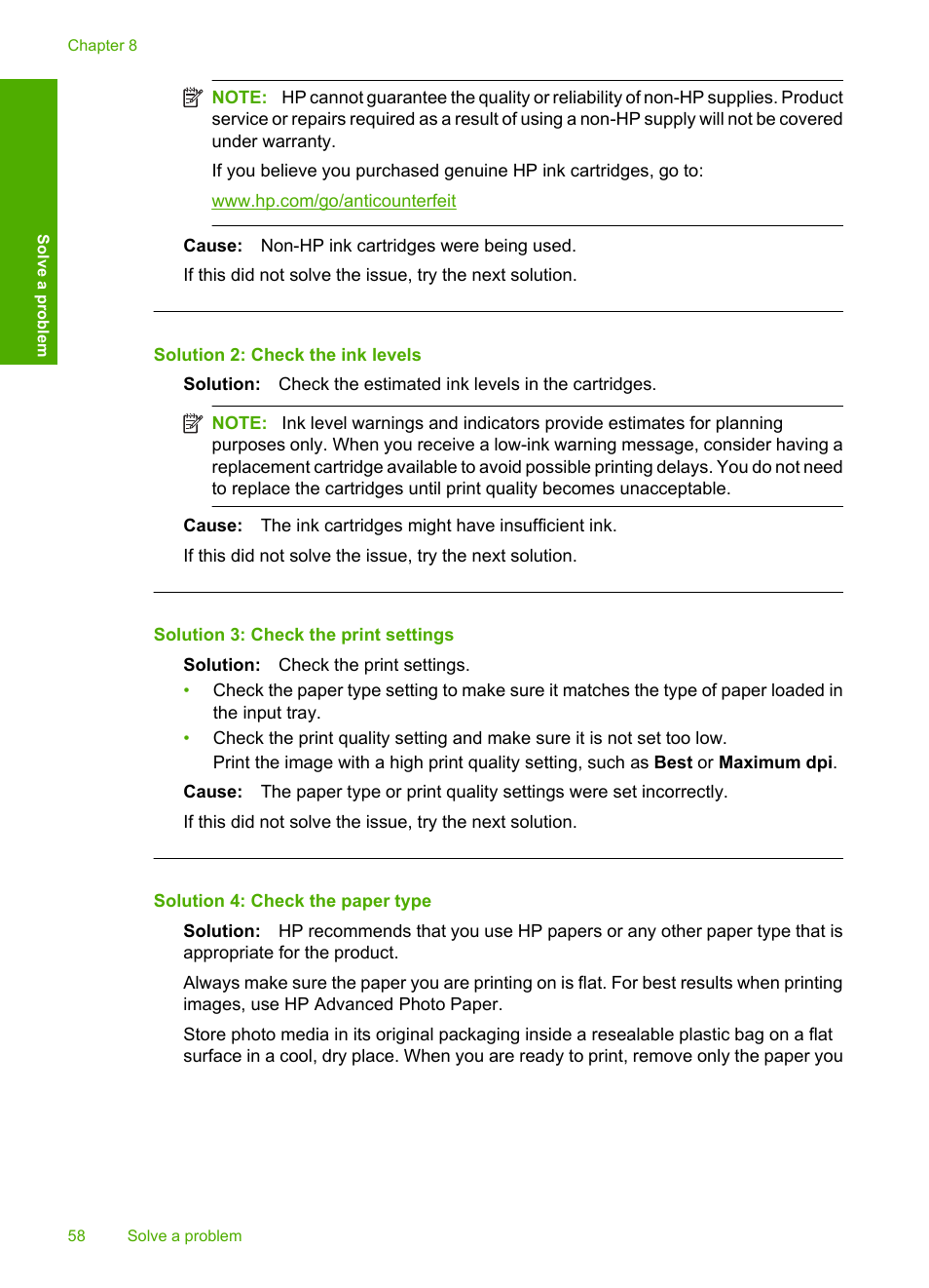 Solution 2: check the ink levels, Solution 3: check the print settings, Solution 4: check the paper type | HP Deskjet F4480 User Manual | Page 61 / 113