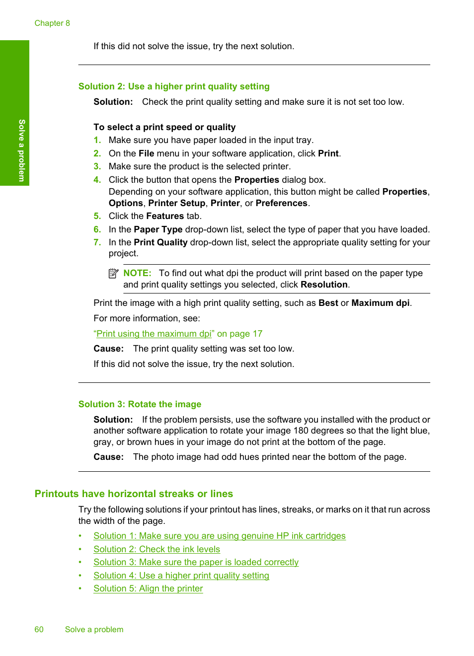 Printouts have horizontal streaks or lines, Solution 2: use a higher print quality setting, Solution 3: rotate the image | HP Deskjet F4480 User Manual | Page 63 / 113