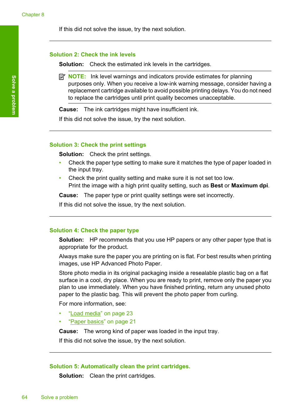 Solution 2: check the ink levels, Solution 3: check the print settings, Solution 4: check the paper type | HP Deskjet F4480 User Manual | Page 67 / 113