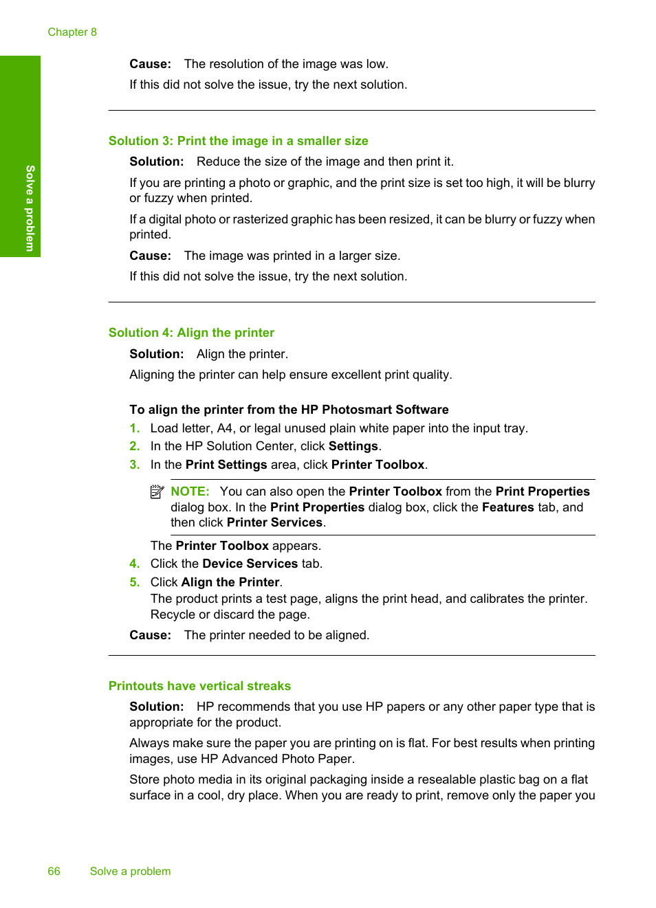 Printouts have vertical streaks, Solution 3: print the image in a smaller size, Solution 4: align the printer | HP Deskjet F4480 User Manual | Page 69 / 113