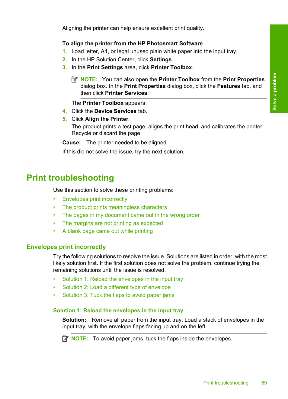 Print troubleshooting, Envelopes print incorrectly | HP Deskjet F4480 User Manual | Page 72 / 113