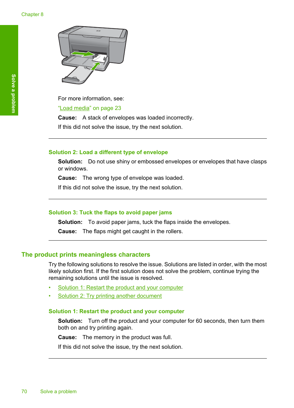The product prints meaningless characters, Solution 2: load a different type of envelope, Solution 3: tuck the flaps to avoid paper jams | HP Deskjet F4480 User Manual | Page 73 / 113