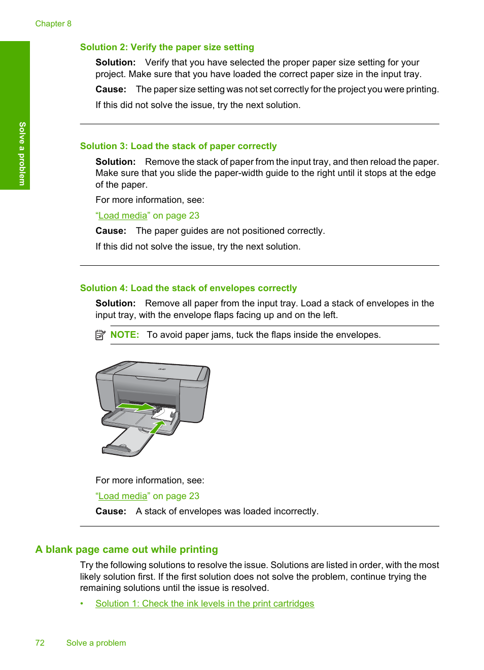 Solution 2: verify the paper size setting, Solution 3: load the stack of paper correctly, Solution 4: load the stack of envelopes correctly | HP Deskjet F4480 User Manual | Page 75 / 113