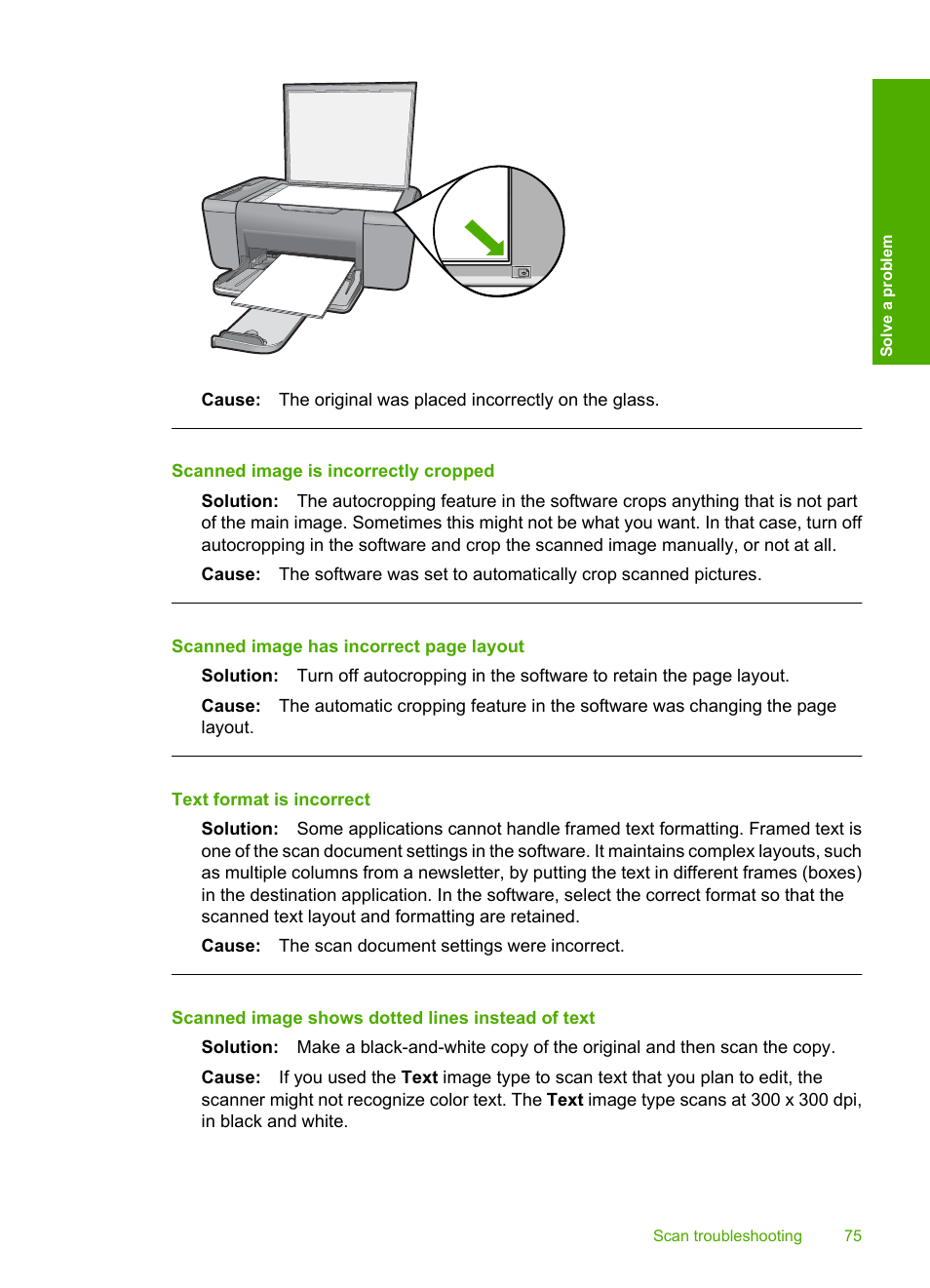 Scanned image is incorrectly cropped, Text format is incorrect, Scanned image shows dotted lines instead of text | HP Deskjet F4480 User Manual | Page 78 / 113