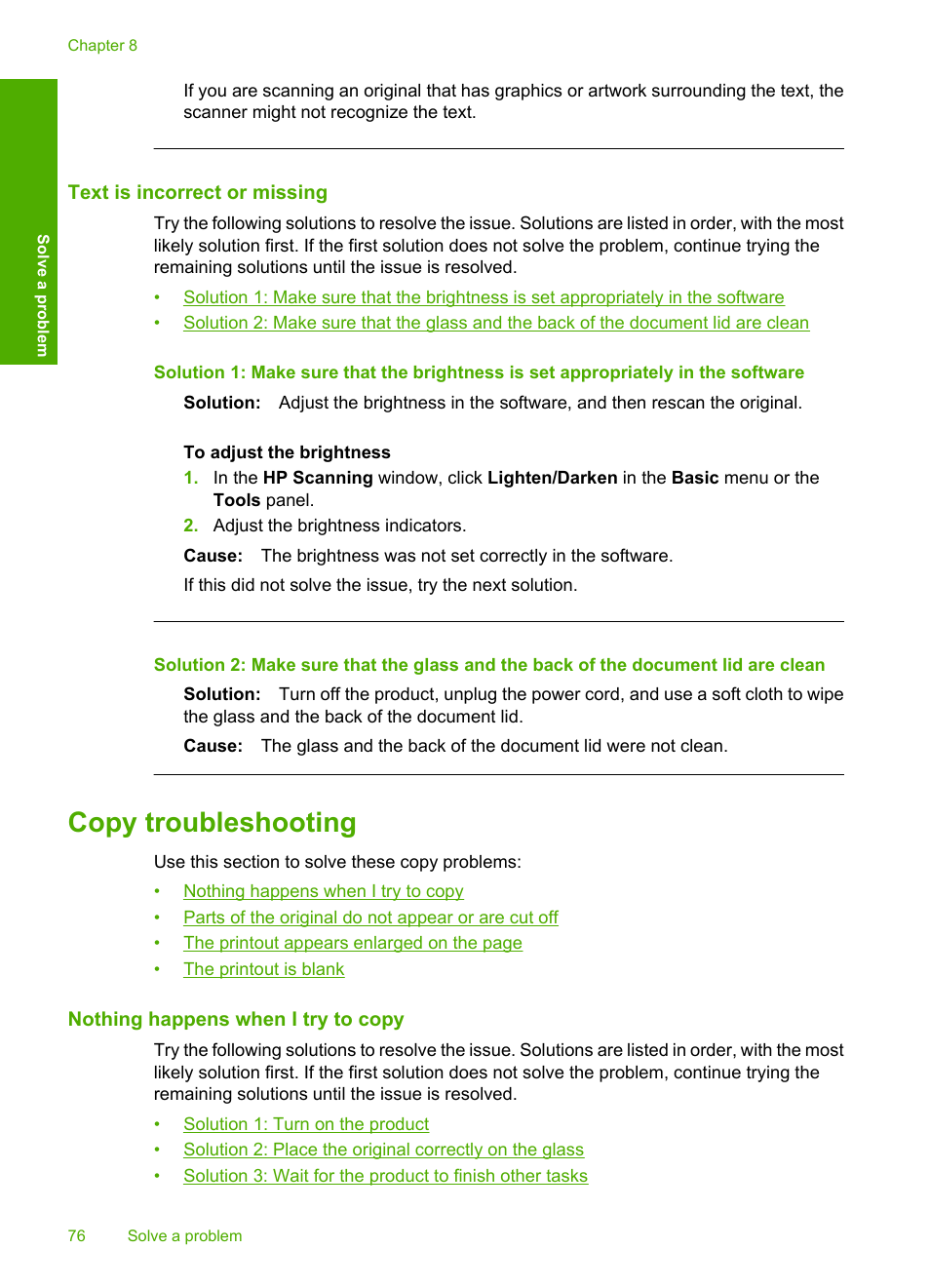 Text is incorrect or missing, Copy troubleshooting, Nothing happens when i try to copy | HP Deskjet F4480 User Manual | Page 79 / 113