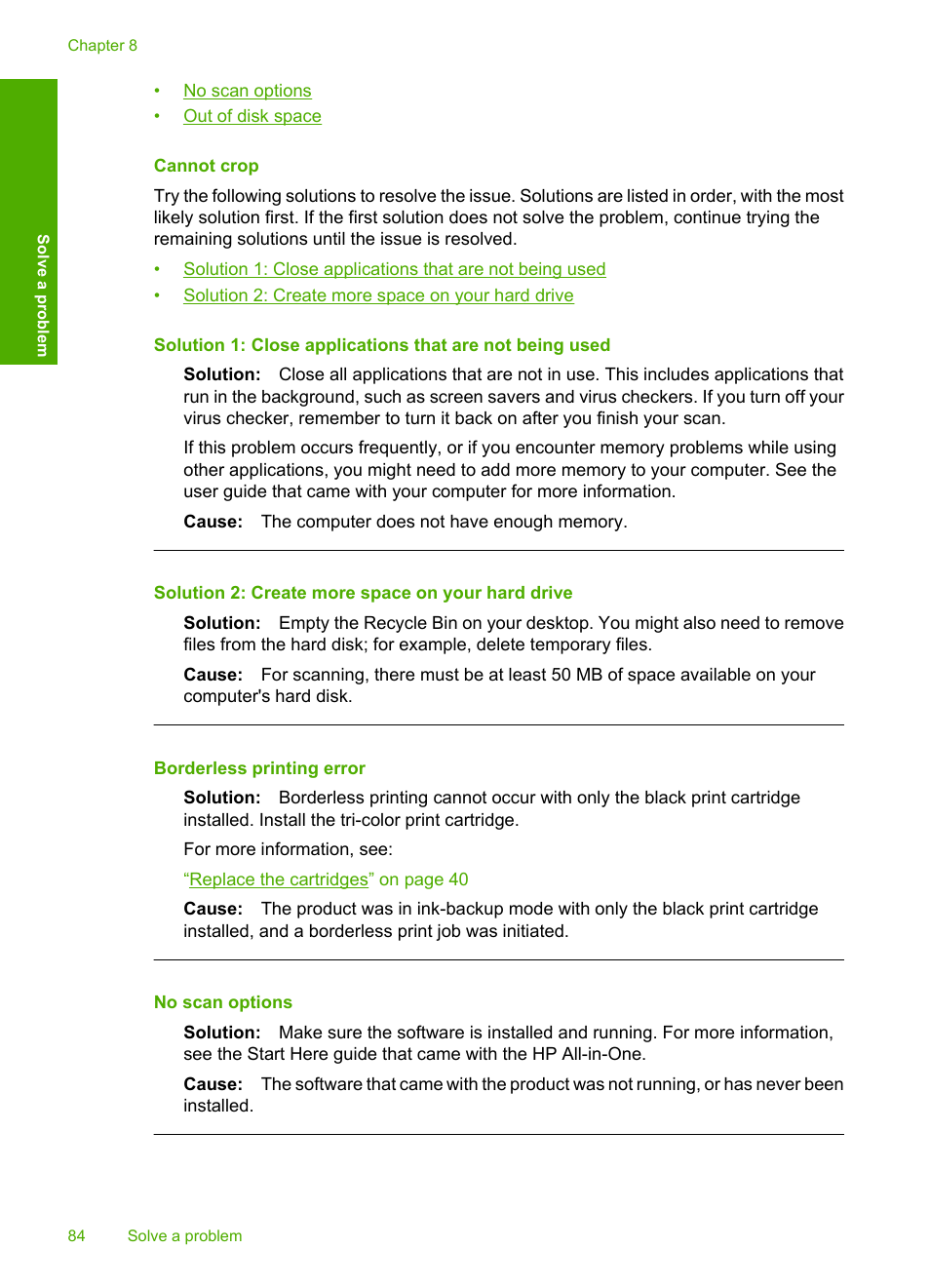 Cannot crop, Borderless printing error | HP Deskjet F4480 User Manual | Page 87 / 113