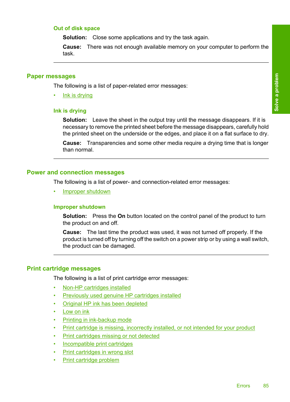 Paper messages, Power and connection messages, Print cartridge messages | Out of disk space | HP Deskjet F4480 User Manual | Page 88 / 113