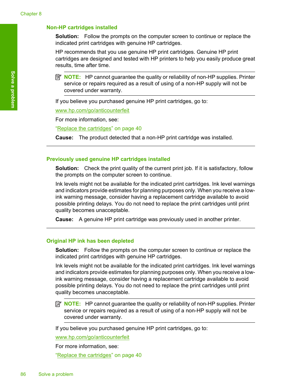 Non-hp cartridges installed, Previously used genuine hp cartridges installed, Original hp ink has been depleted | HP Deskjet F4480 User Manual | Page 89 / 113