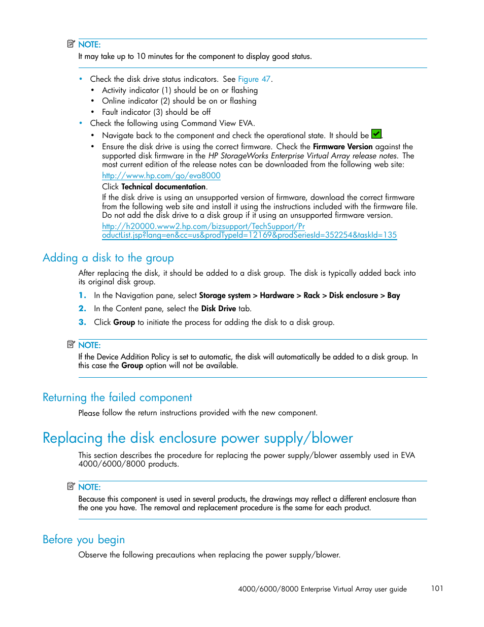 Adding a disk to the group, Returning the failed component, Replacing the disk enclosure power supply/blower | Before you begin | HP 4000.6000.8000 Enterprise Virtual Arrays User Manual | Page 101 / 169