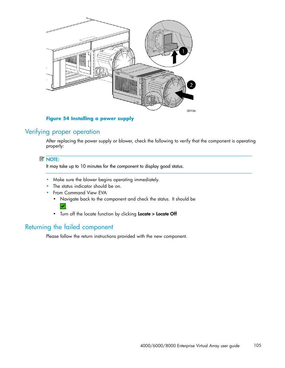 Verifying proper operation, Returning the failed component, 54 installing a power supply | HP 4000.6000.8000 Enterprise Virtual Arrays User Manual | Page 105 / 169