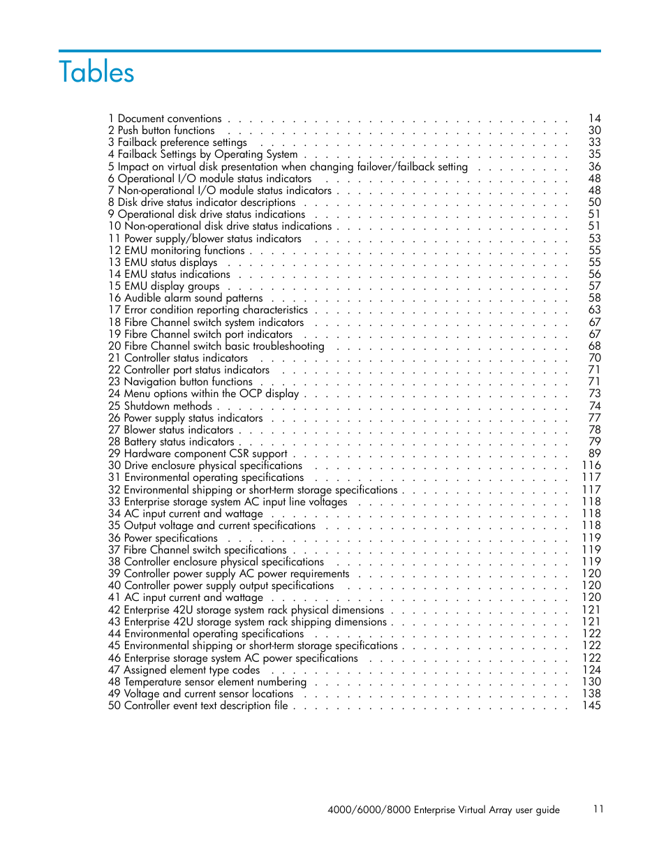 Tables | HP 4000.6000.8000 Enterprise Virtual Arrays User Manual | Page 11 / 169