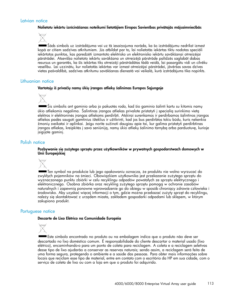 Latvian notice, Lithuanian notice, Polish notice | Portuguese notice | HP 4000.6000.8000 Enterprise Virtual Arrays User Manual | Page 113 / 169