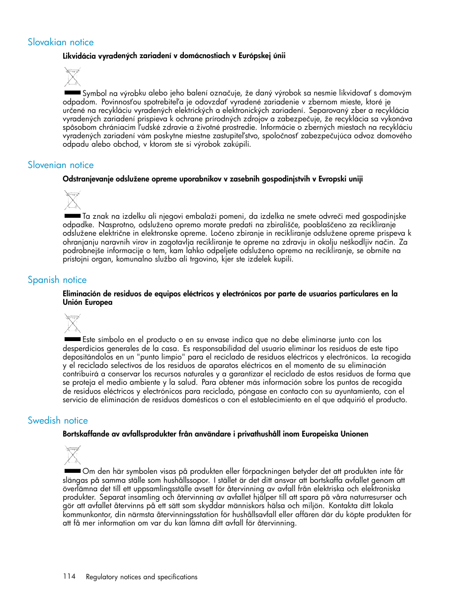 Slovakian notice, Slovenian notice, Spanish notice | Swedish notice | HP 4000.6000.8000 Enterprise Virtual Arrays User Manual | Page 114 / 169