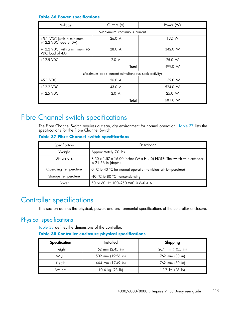 Fibre channel switch specifications, Controller specifications, Physical specifications | 36 power specifications, 37 fibre channel switch specifications, 38 controller enclosure physical specifications | HP 4000.6000.8000 Enterprise Virtual Arrays User Manual | Page 119 / 169