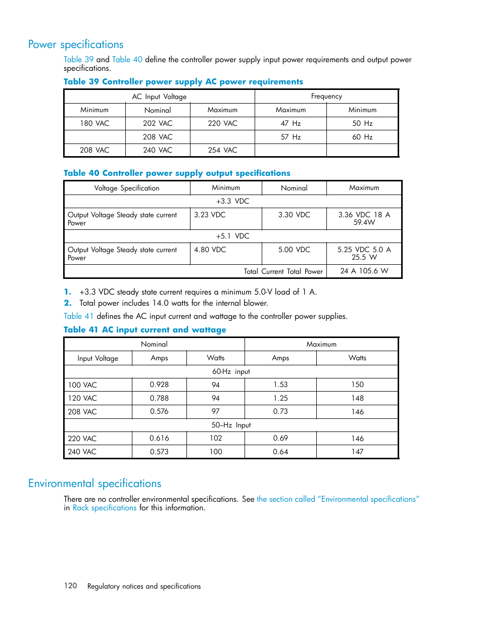 Power specifications, Environmental specifications, 39 controller power supply ac power requirements | 40 controller power supply output specifications, 41 ac input current and wattage | HP 4000.6000.8000 Enterprise Virtual Arrays User Manual | Page 120 / 169