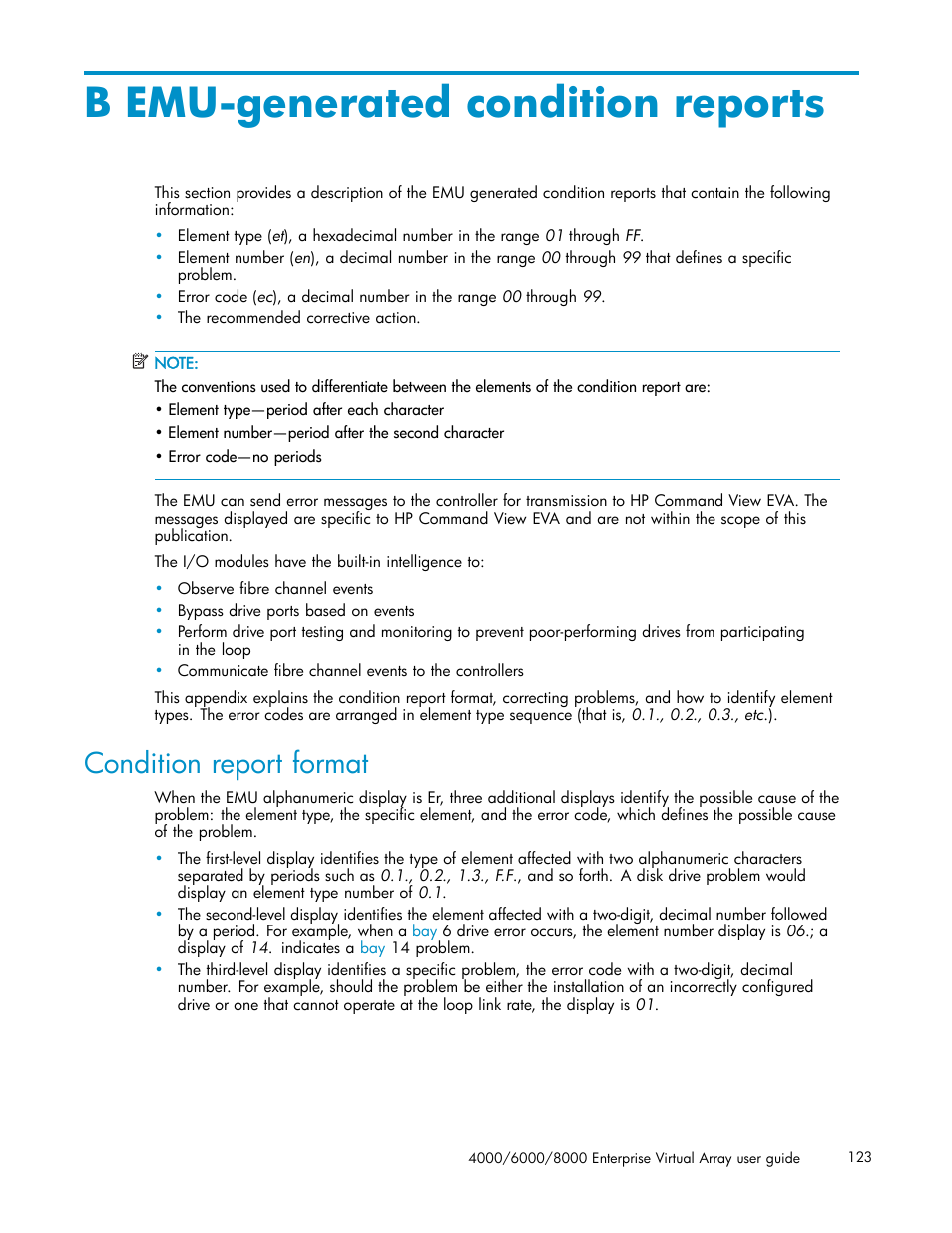 B emu-generated condition reports, Condition report format | HP 4000.6000.8000 Enterprise Virtual Arrays User Manual | Page 123 / 169