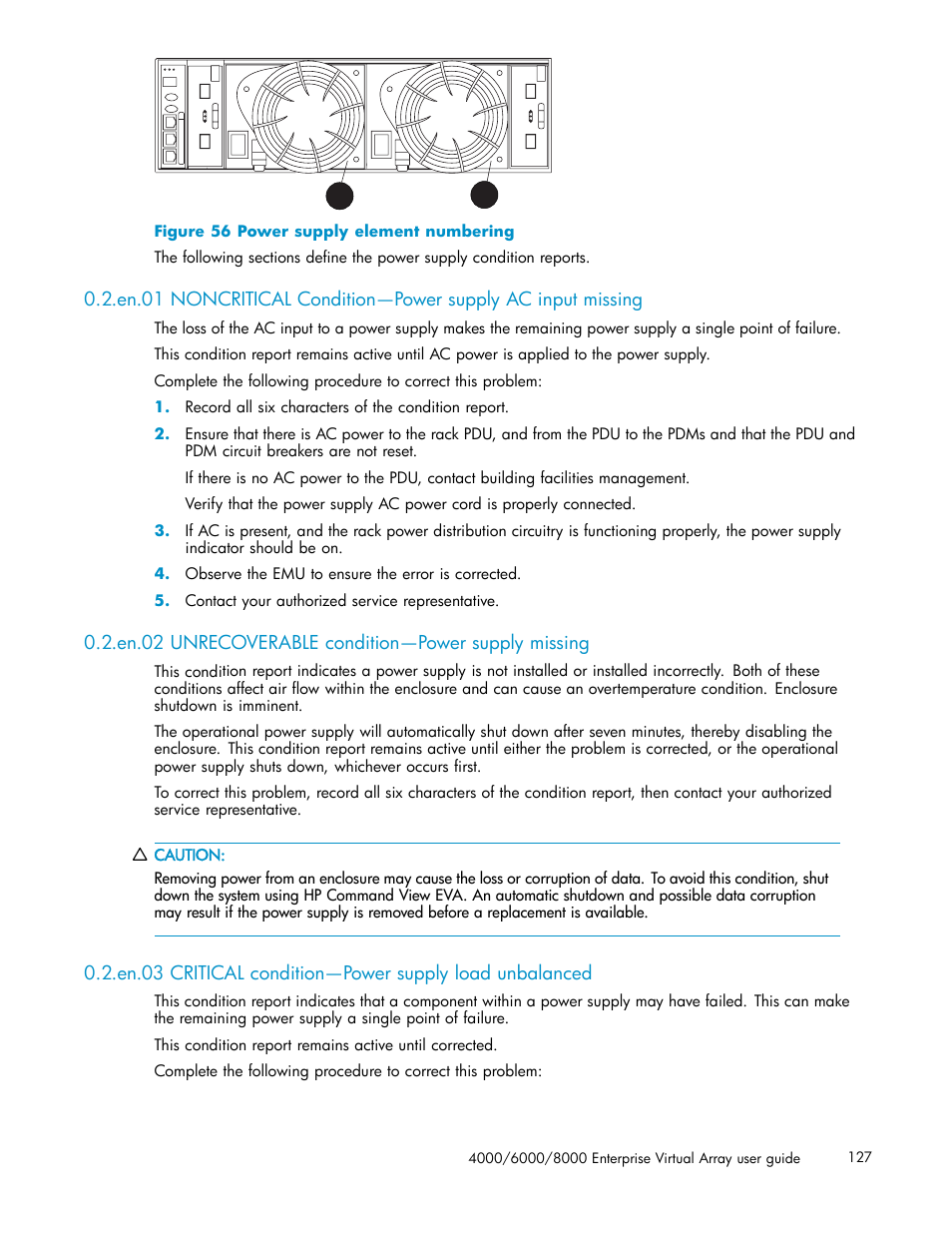 En.02 unrecoverable condition—power supply missing, 56 power supply element numbering | HP 4000.6000.8000 Enterprise Virtual Arrays User Manual | Page 127 / 169