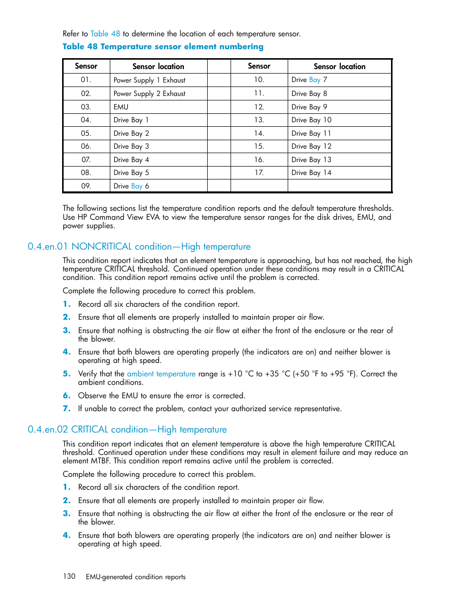 En.01 noncritical condition—high temperature, En.02 critical condition—high temperature, 48 temperature sensor element numbering | HP 4000.6000.8000 Enterprise Virtual Arrays User Manual | Page 130 / 169