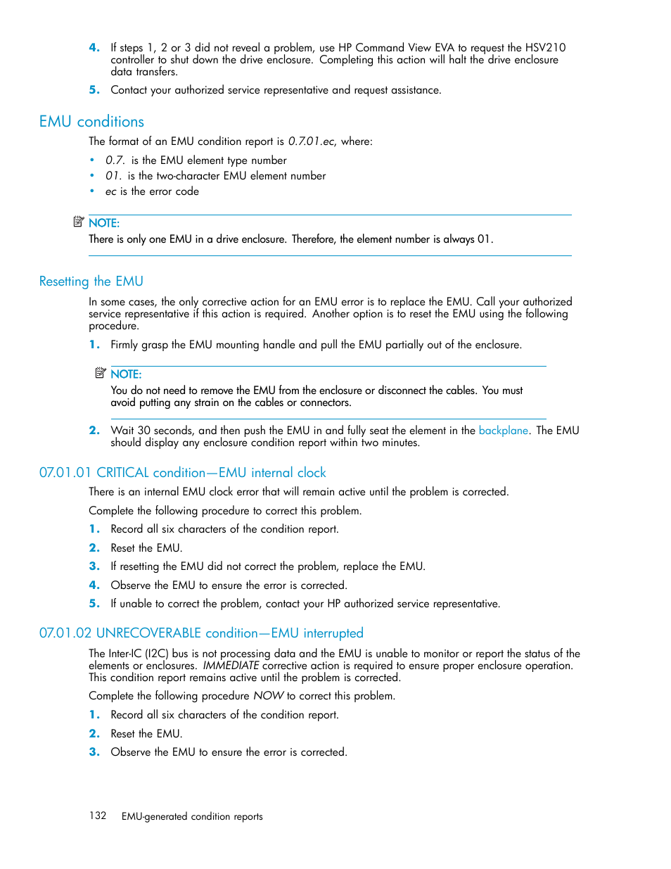 Emu conditions, Resetting the emu, 01 critical condition—emu internal clock | 02 unrecoverable condition—emu interrupted | HP 4000.6000.8000 Enterprise Virtual Arrays User Manual | Page 132 / 169