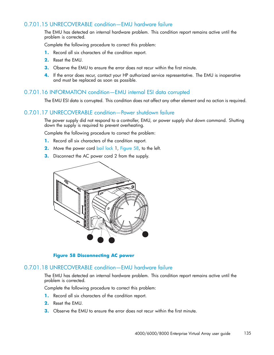 15 unrecoverable condition—emu hardware failure, 17 unrecoverable condition—power shutdown failure, 18 unrecoverable condition—emu hardware failure | 58 disconnecting ac power | HP 4000.6000.8000 Enterprise Virtual Arrays User Manual | Page 135 / 169