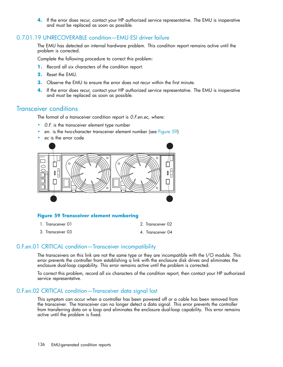19 unrecoverable condition—emu esi driver failure, Transceiver conditions, 59 transceiver element numbering | HP 4000.6000.8000 Enterprise Virtual Arrays User Manual | Page 136 / 169