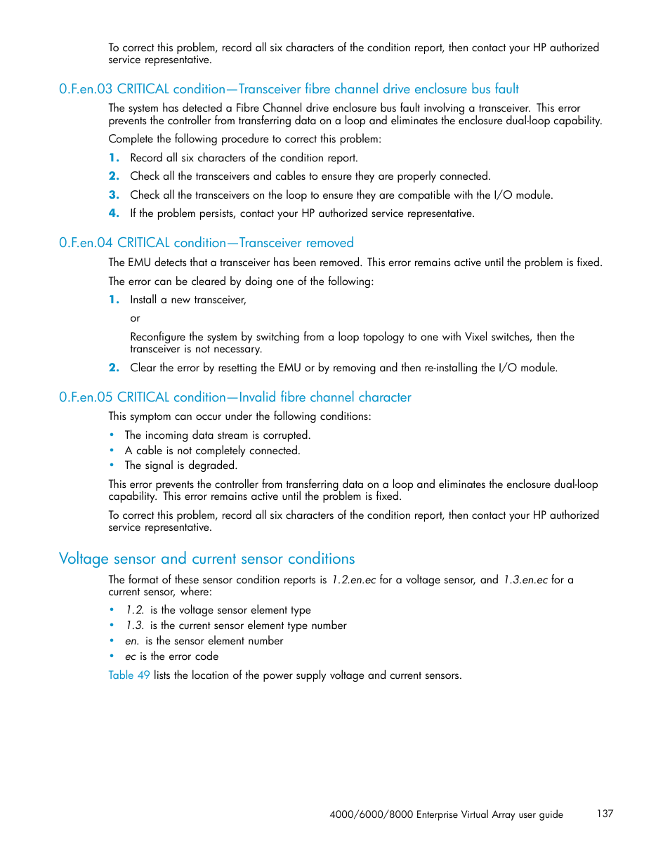 F.en.04 critical condition—transceiver removed, Voltage sensor and current sensor conditions | HP 4000.6000.8000 Enterprise Virtual Arrays User Manual | Page 137 / 169