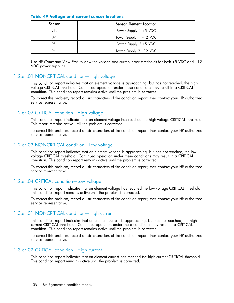 En.01 noncritical condition—high voltage, En.02 critical condition—high voltage, En.03 noncritical condition—low voltage | En.04 critical condition—low voltage, En.01 noncritical condition—high current, En.02 critical condition—high current, 49 voltage and current sensor locations | HP 4000.6000.8000 Enterprise Virtual Arrays User Manual | Page 138 / 169