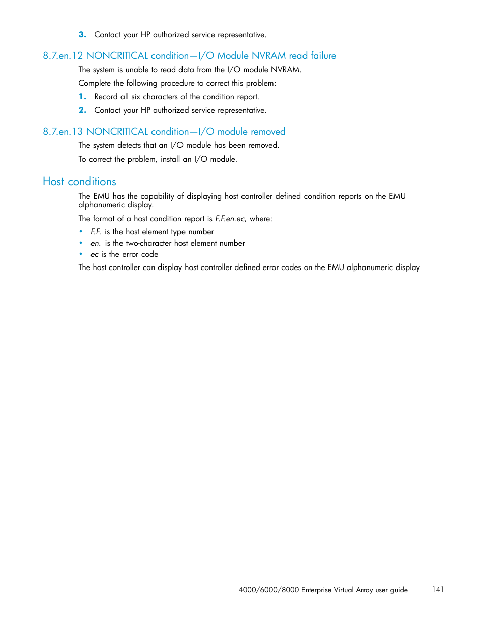 En.13 noncritical condition—i/o module removed, Host conditions | HP 4000.6000.8000 Enterprise Virtual Arrays User Manual | Page 141 / 169