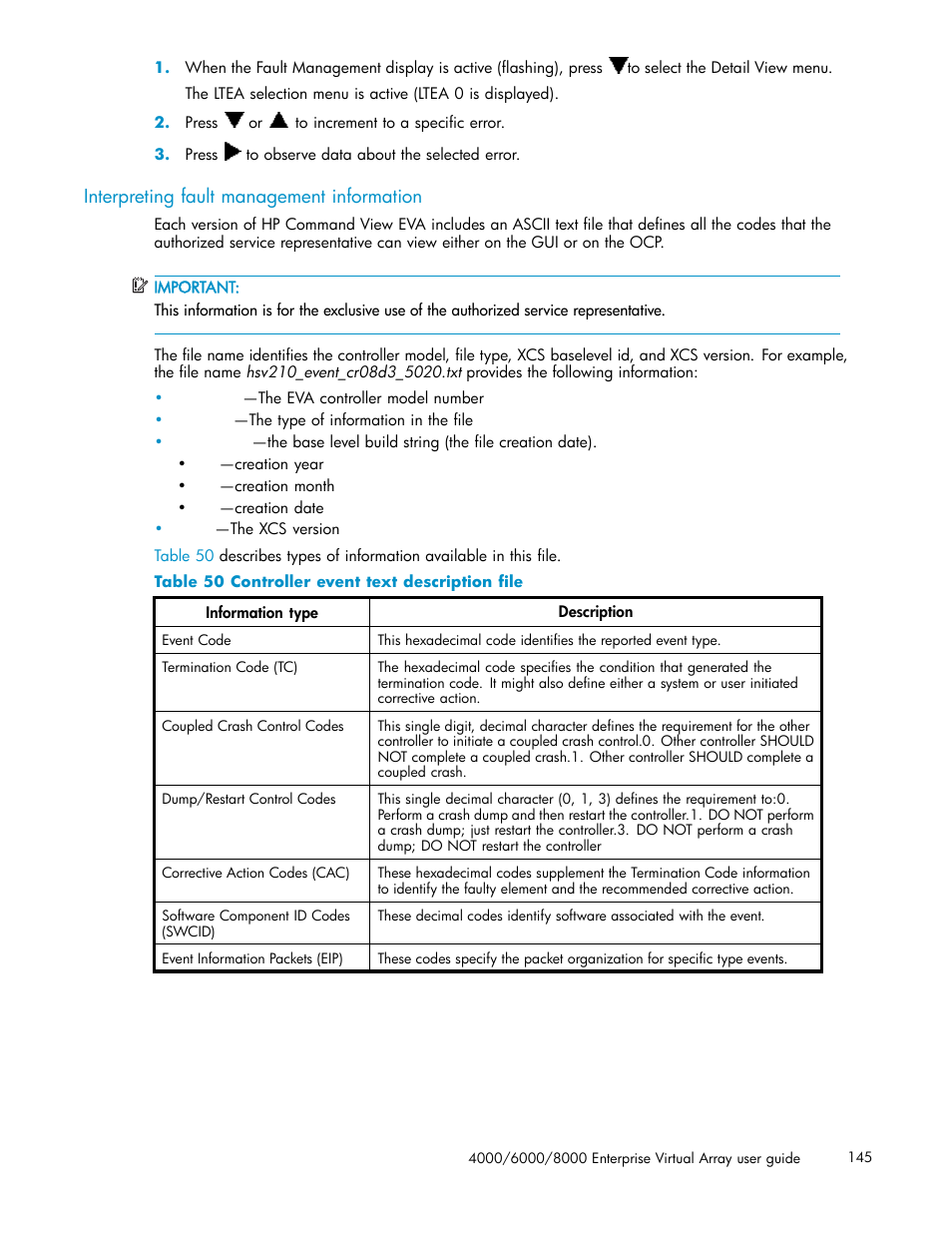 Interpreting fault management information, 50 controller event text description file | HP 4000.6000.8000 Enterprise Virtual Arrays User Manual | Page 145 / 169