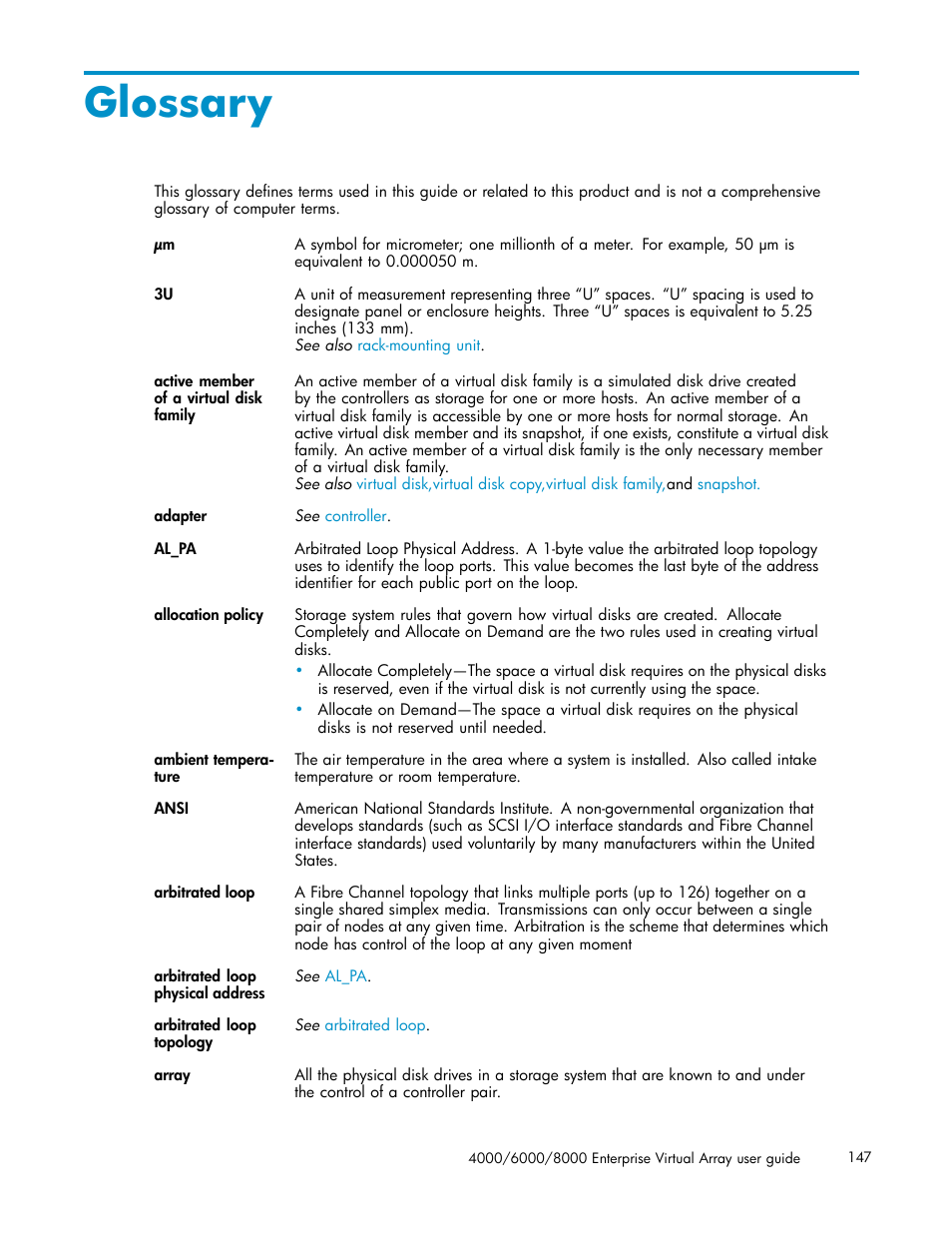 Glossary, Ambient temperature | HP 4000.6000.8000 Enterprise Virtual Arrays User Manual | Page 147 / 169