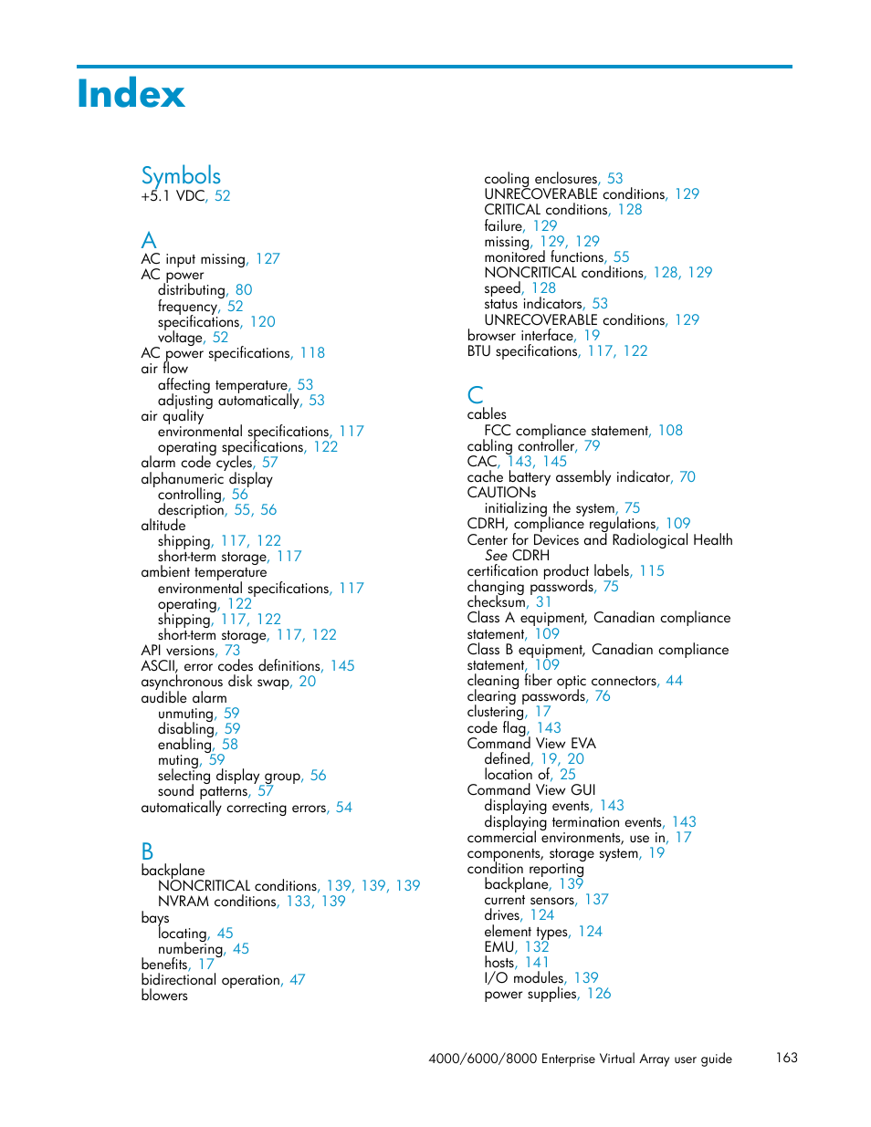 Index, Symbols | HP 4000.6000.8000 Enterprise Virtual Arrays User Manual | Page 163 / 169