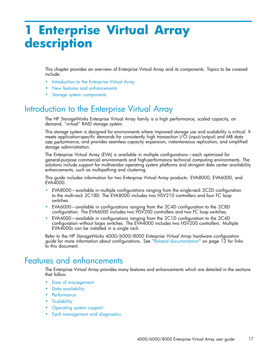 1 enterprise virtual array description, Introduction to the enterprise virtual array, Features and enhancements | HP 4000.6000.8000 Enterprise Virtual Arrays User Manual | Page 17 / 169