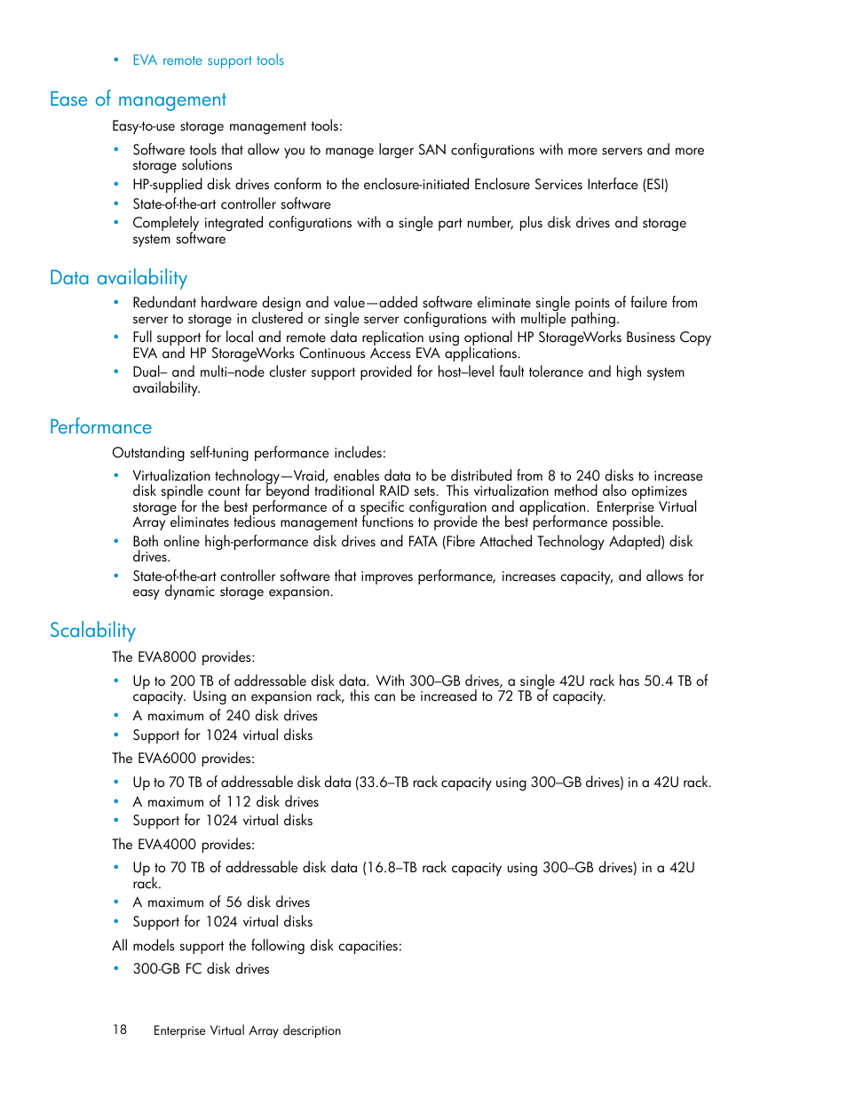 Ease of management, Data availability, Performance | Scalability | HP 4000.6000.8000 Enterprise Virtual Arrays User Manual | Page 18 / 169