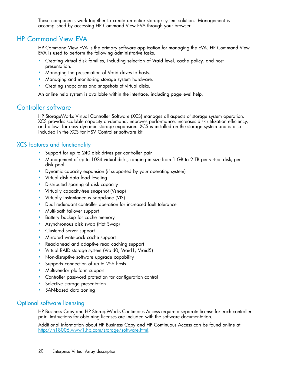 Hp command view eva, Controller software, Xcs features and functionality | Optional software licensing | HP 4000.6000.8000 Enterprise Virtual Arrays User Manual | Page 20 / 169