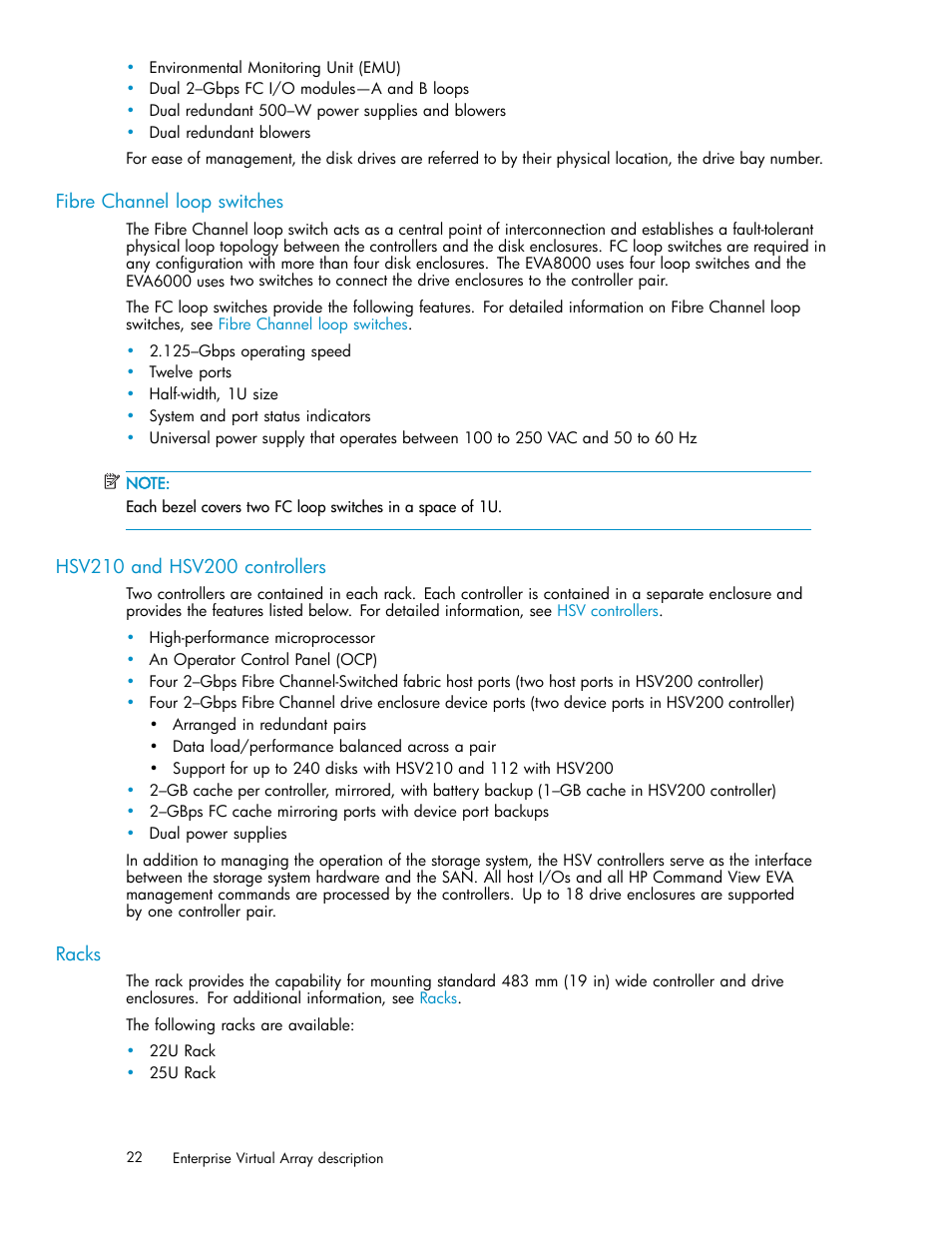 Fibre channel loop switches, Hsv210 and hsv200 controllers, Racks | HP 4000.6000.8000 Enterprise Virtual Arrays User Manual | Page 22 / 169