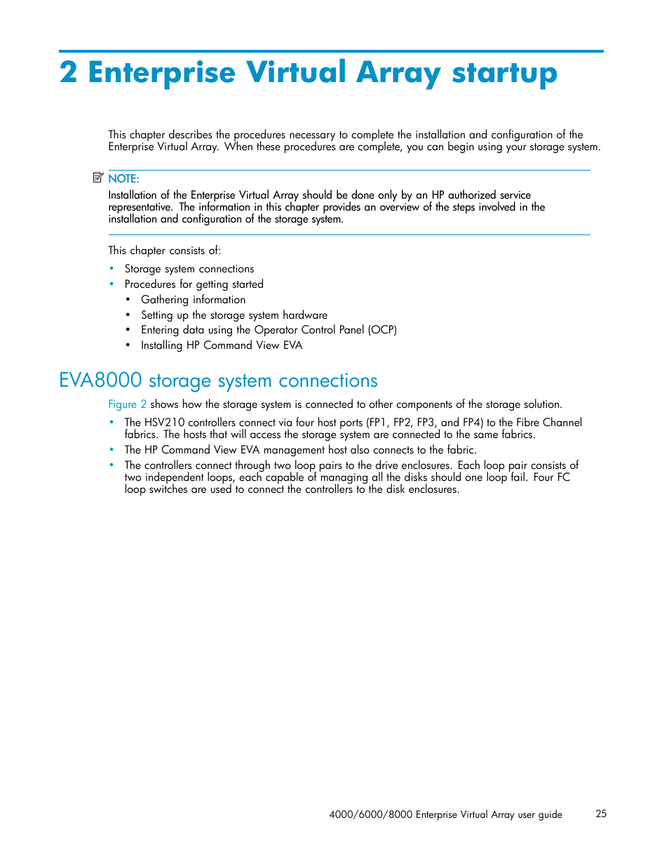 2 enterprise virtual array startup, Eva8000 storage system connections | HP 4000.6000.8000 Enterprise Virtual Arrays User Manual | Page 25 / 169