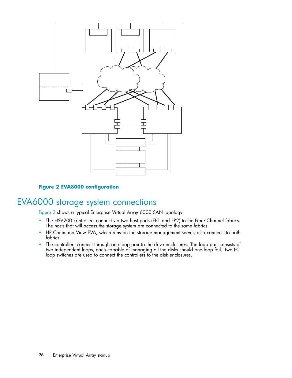 Eva6000 storage system connections, 2 eva8000 configuration | HP 4000.6000.8000 Enterprise Virtual Arrays User Manual | Page 26 / 169