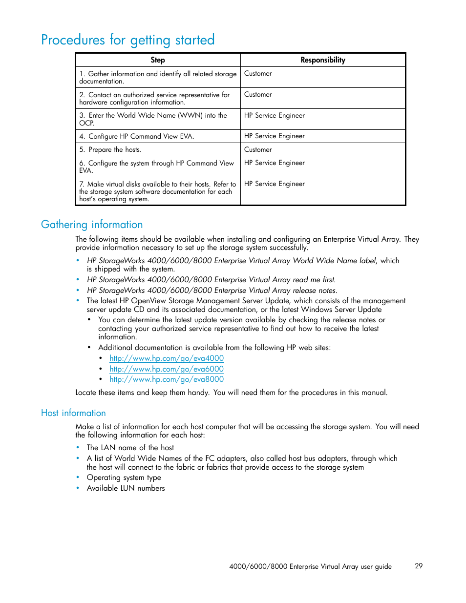 Procedures for getting started, Gathering information, Host information | HP 4000.6000.8000 Enterprise Virtual Arrays User Manual | Page 29 / 169