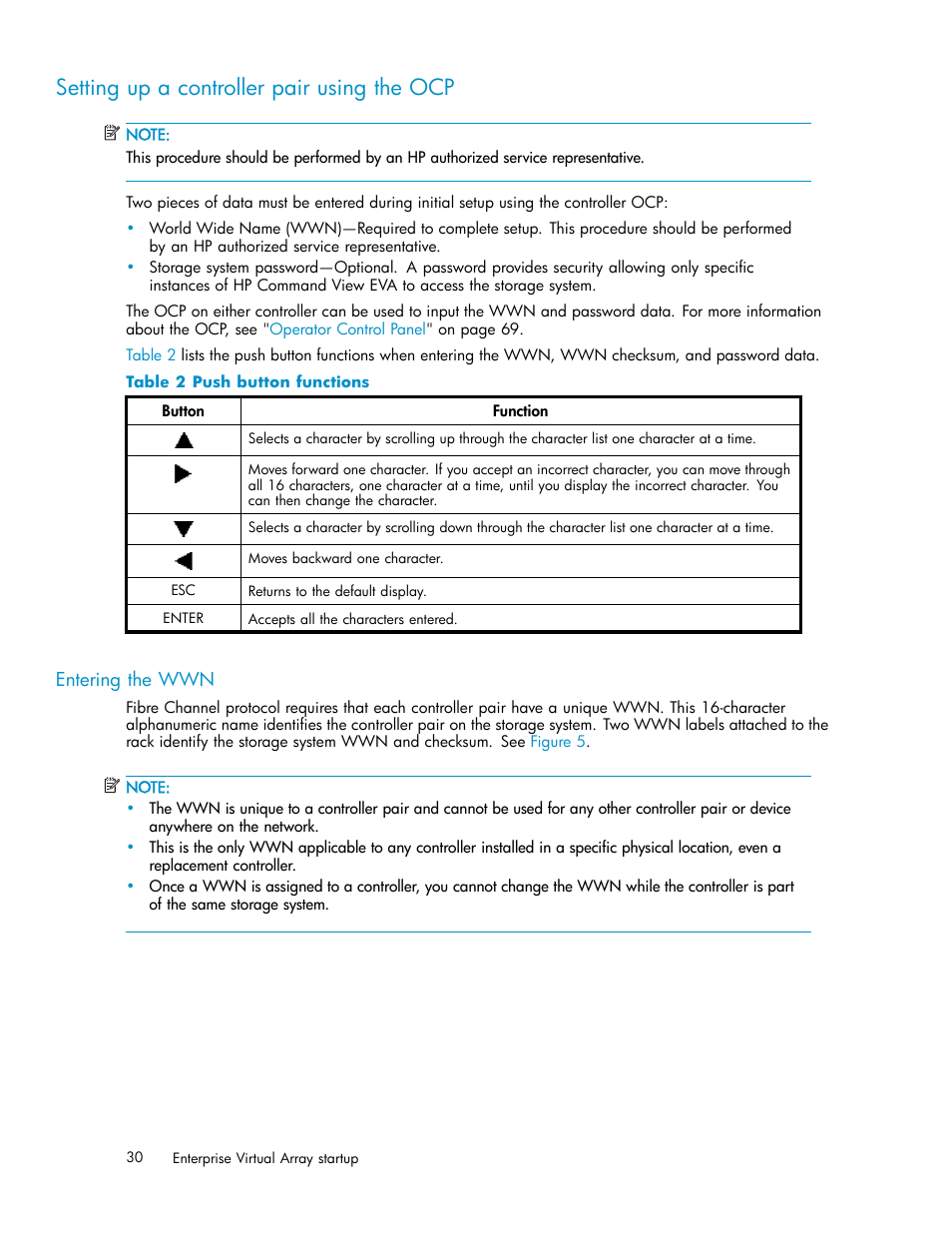 Setting up a controller pair using the ocp, Entering the wwn, 2 push button functions | HP 4000.6000.8000 Enterprise Virtual Arrays User Manual | Page 30 / 169