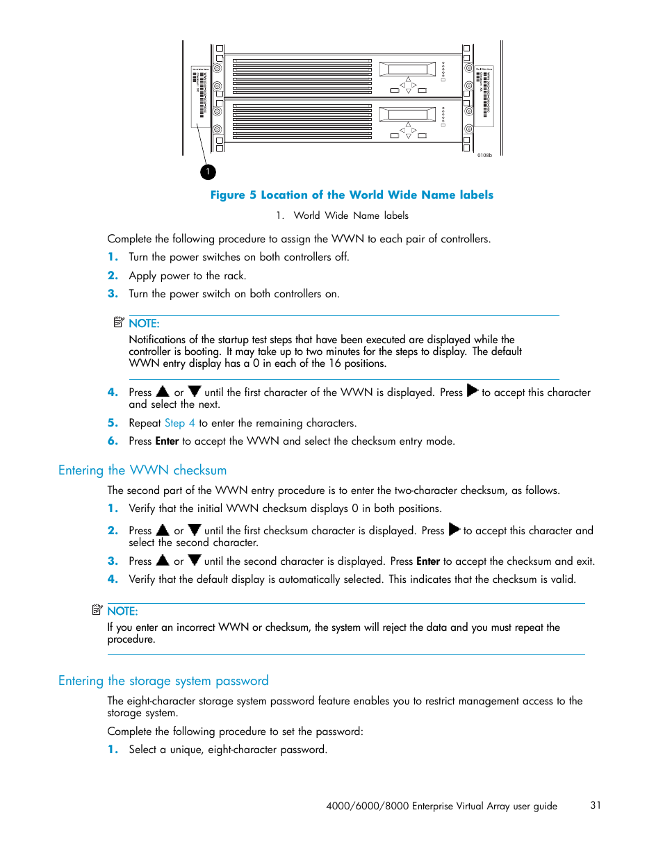 Entering the wwn checksum, Entering the storage system password, 5 location of the world wide name labels | Figure 5 | HP 4000.6000.8000 Enterprise Virtual Arrays User Manual | Page 31 / 169