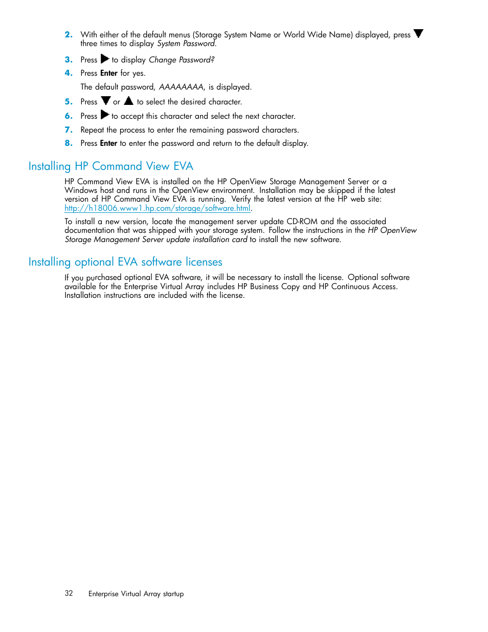 Installing hp command view eva, Installing optional eva software licenses | HP 4000.6000.8000 Enterprise Virtual Arrays User Manual | Page 32 / 169