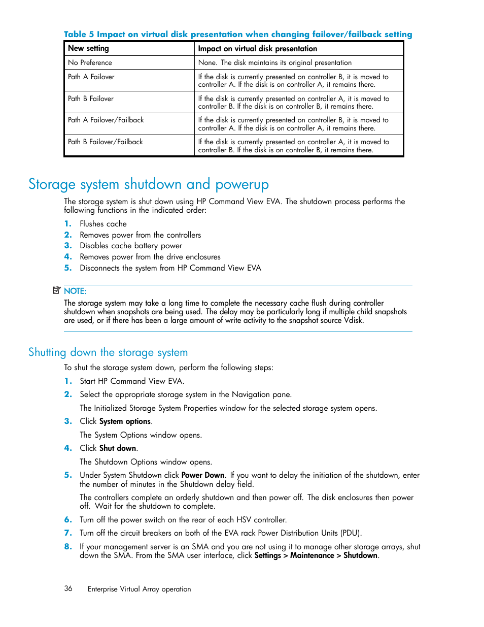 Storage system shutdown and powerup, Shutting down the storage system | HP 4000.6000.8000 Enterprise Virtual Arrays User Manual | Page 36 / 169