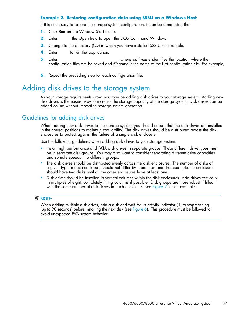 Adding disk drives to the storage system, Guidelines for adding disk drives | HP 4000.6000.8000 Enterprise Virtual Arrays User Manual | Page 39 / 169