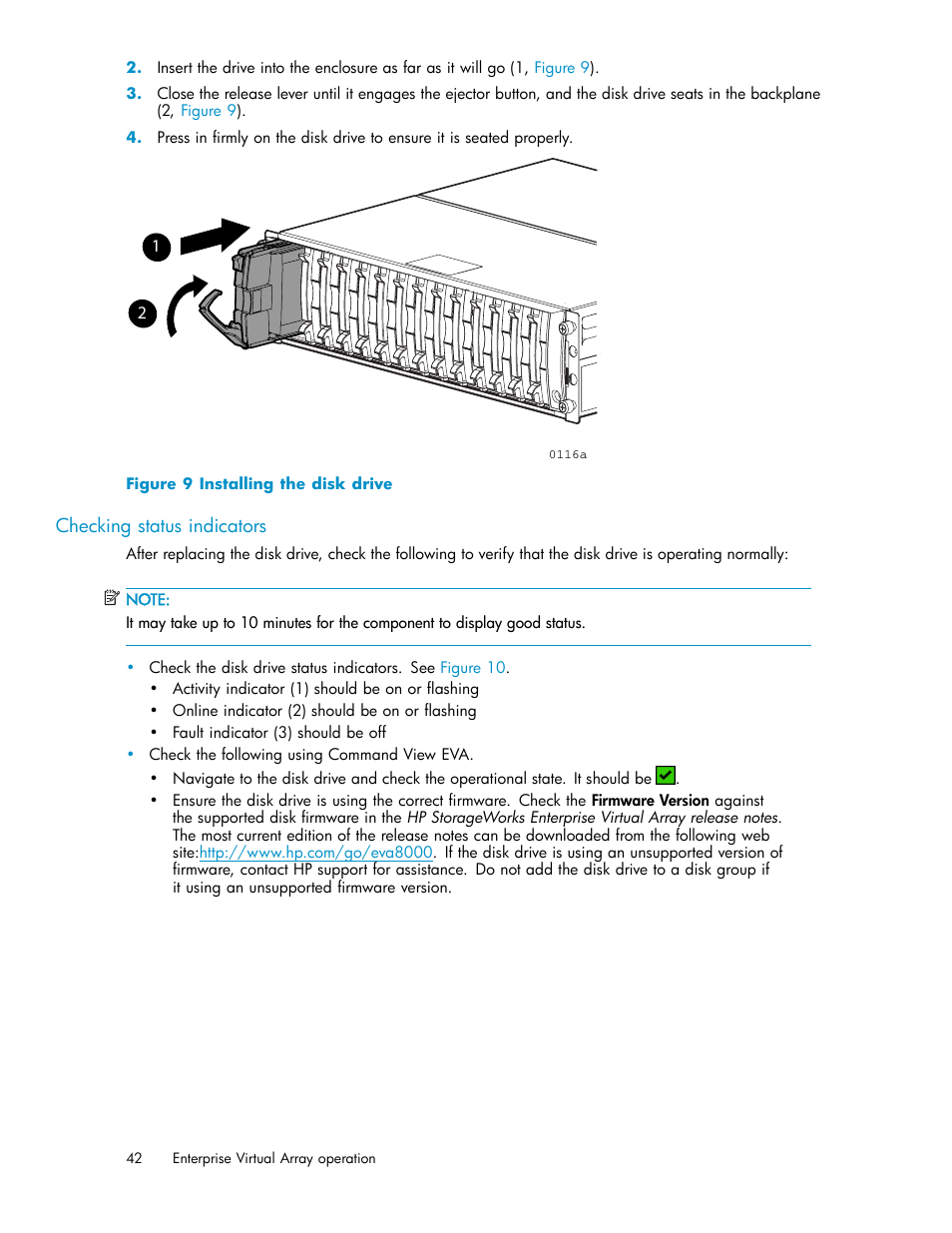 Checking status indicators, 9 installing the disk drive | HP 4000.6000.8000 Enterprise Virtual Arrays User Manual | Page 42 / 169