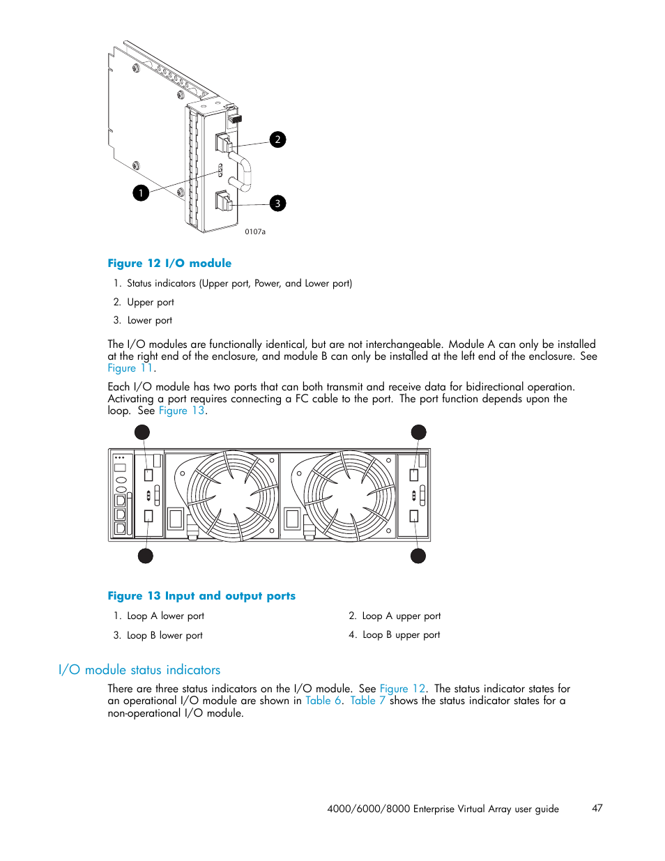 I/o module status indicators, 12 i/o module, 13 input and output ports | HP 4000.6000.8000 Enterprise Virtual Arrays User Manual | Page 47 / 169