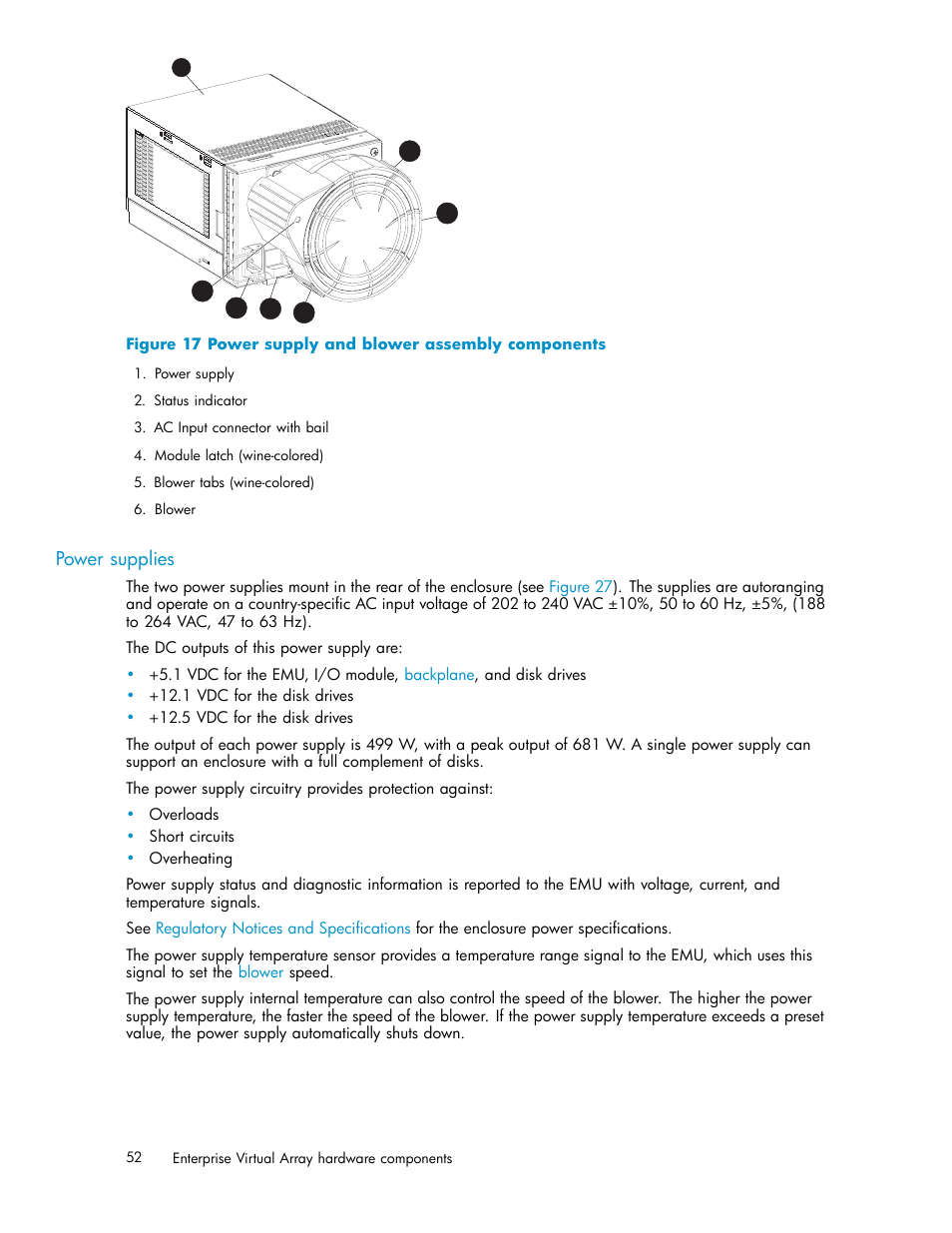 Power supplies, 17 power supply and blower assembly components | HP 4000.6000.8000 Enterprise Virtual Arrays User Manual | Page 52 / 169