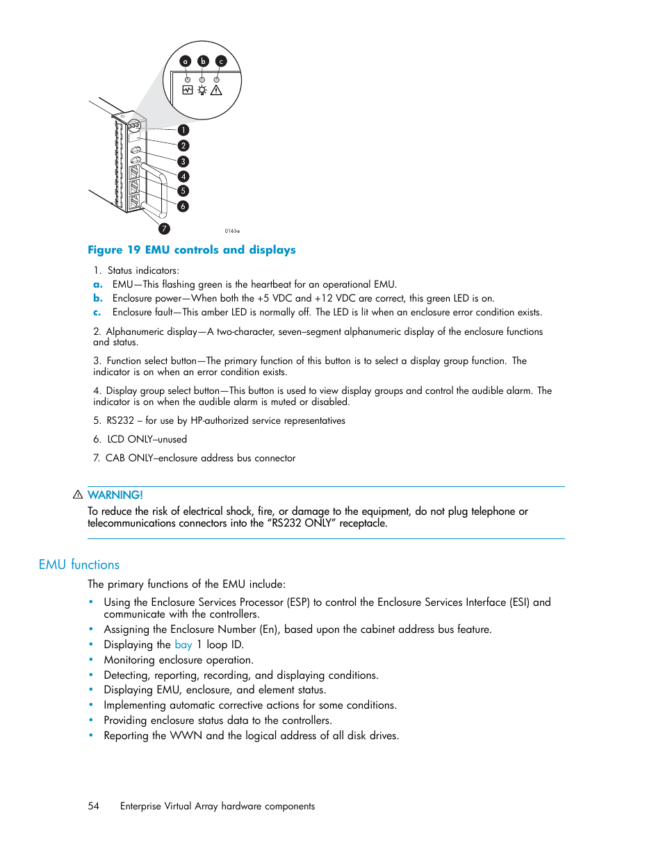 Emu functions, 19 emu controls and displays, Figure 19 | HP 4000.6000.8000 Enterprise Virtual Arrays User Manual | Page 54 / 169