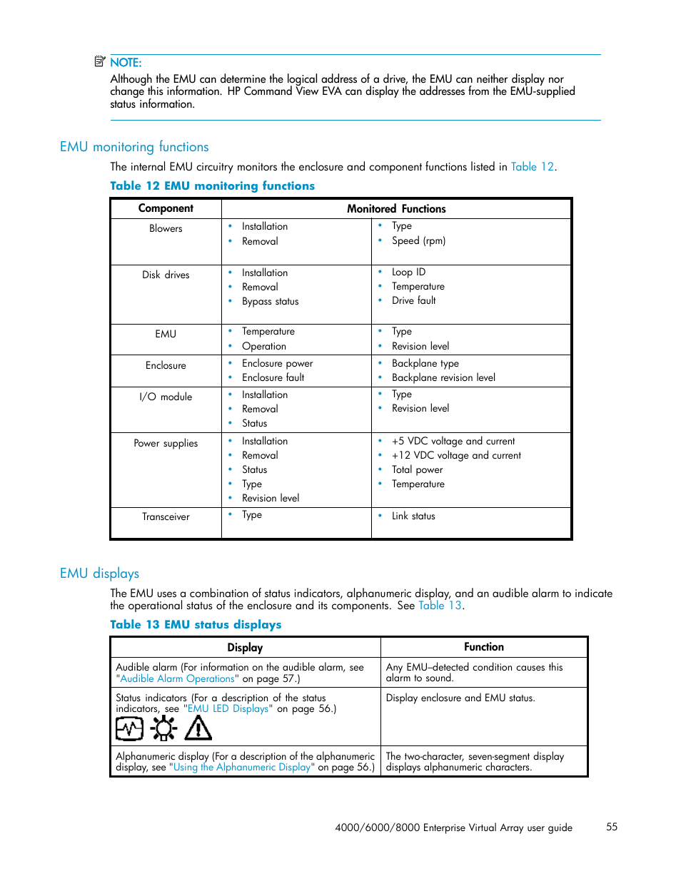 Emu monitoring functions, Emu displays, 12 emu monitoring functions | 13 emu status displays | HP 4000.6000.8000 Enterprise Virtual Arrays User Manual | Page 55 / 169